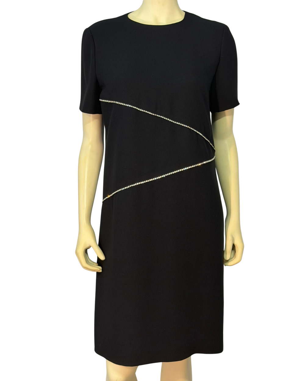 Chetta B Evening Sz 8 Semi-Formal Sheath Dress Black with Rhinestone Trim Modest